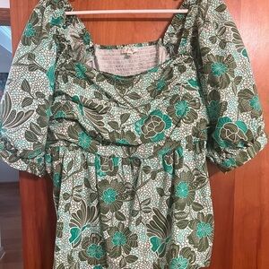 Anthropologie Floral Green and Teal Blouse